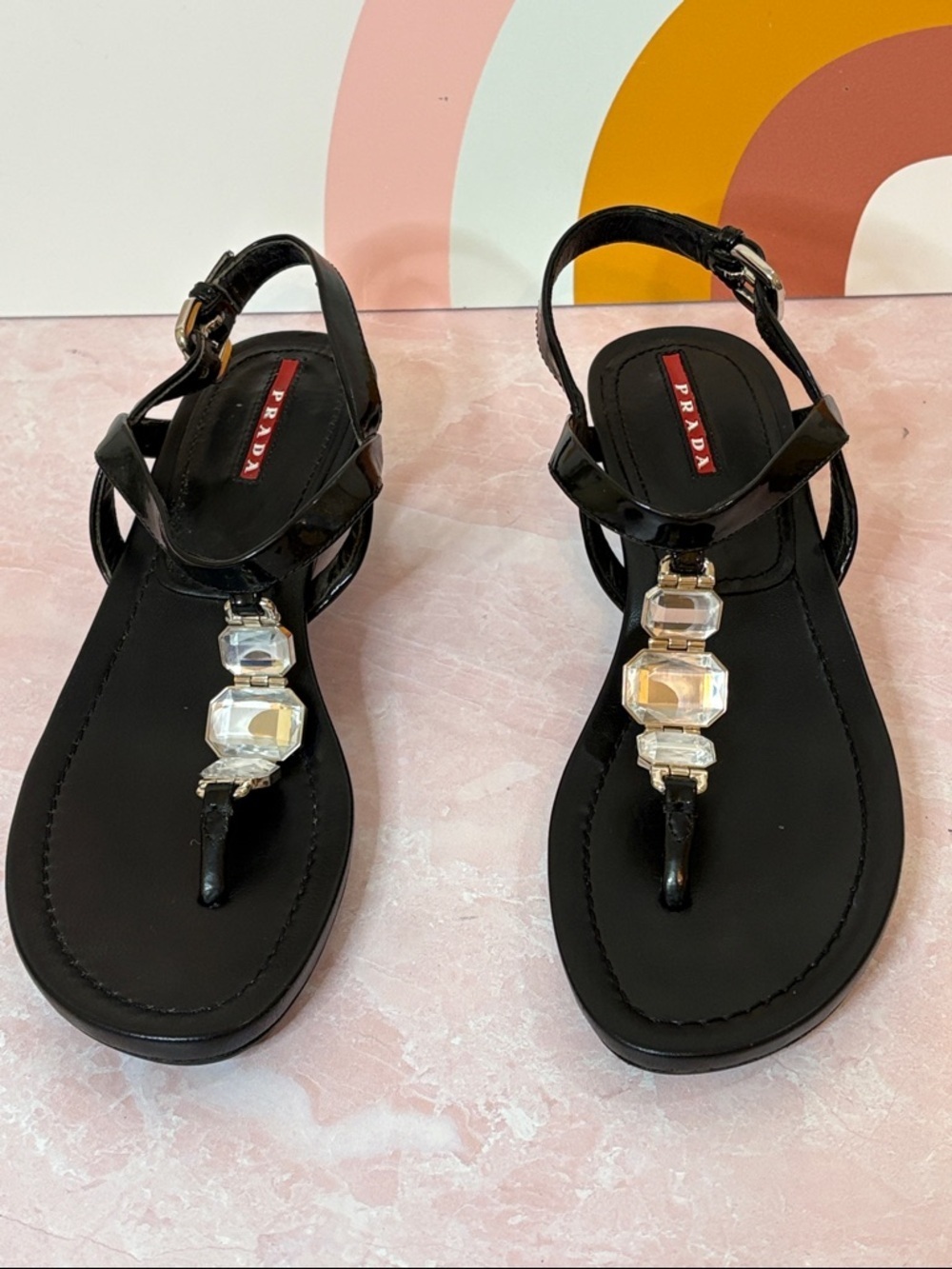Prada Black Crystal-Embellished T-Strap Wedge Patent Leather Sandals | 37/US7